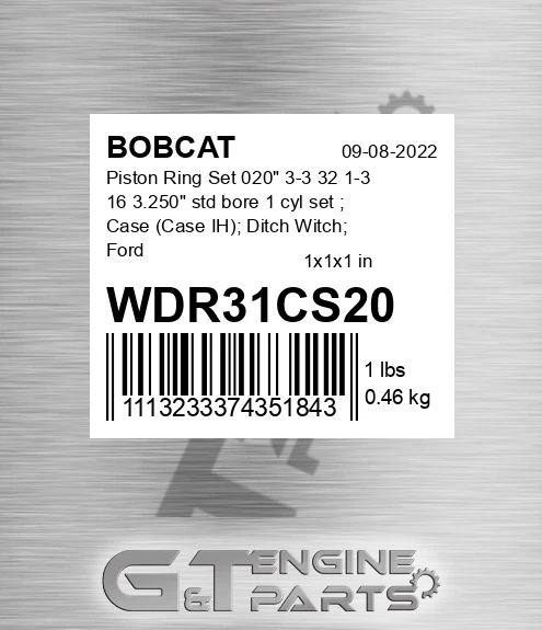 WDR31CS20 Piston Ring Set 020" 3-3 32 1-3 16 3.250" std bore 1 cyl set ; Case Case IH ; Ditch Witch; Ford New Holland; John Deere; Miscellaneous; Vermeer; Waukesha; Wisconsin