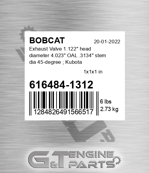616484-1312 Exhaust Valve 1.122" head diameter 4.023" OAL .3134" stem dia 45-degree ; Kubota