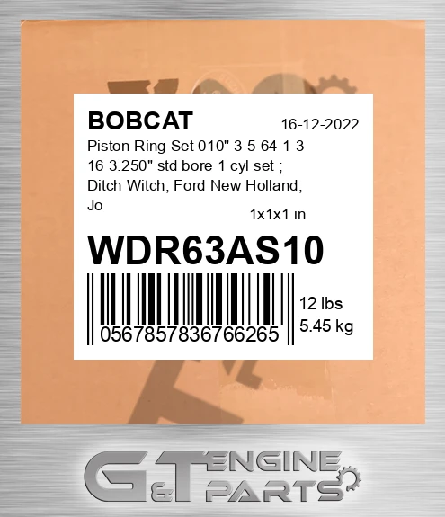WDR63AS10 Piston Ring Set 010" 3-5 64 1-3 16 3.250" std bore 1 cyl set ; Ditch Witch; Ford New Holland; John Deere; Miscellaneous; Vermeer; Wisconsin