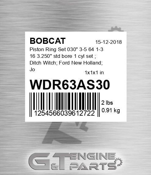WDR63AS30 Piston Ring Set 030" 3-5 64 1-3 16 3.250" std bore 1 cyl set ; Ditch Witch; Ford New Holland; John Deere; Miscellaneous; Vermeer; Wisconsin