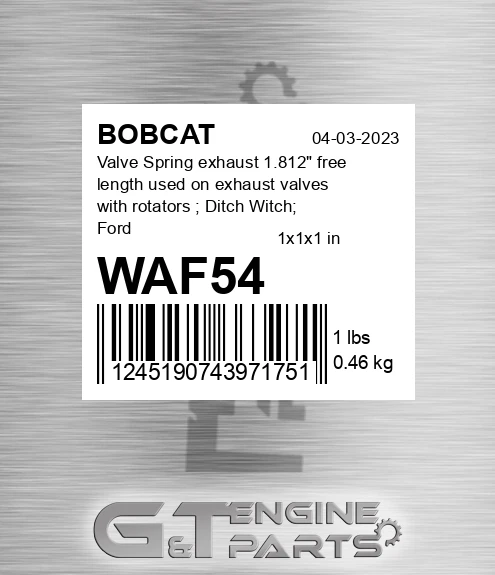 WAF54 Valve Spring exhaust 1.812" free length used on exhaust valves with rotators ; Ditch Witch; Ford New Holland; John Deere; Miscellaneous; Vermeer; Wisconsin