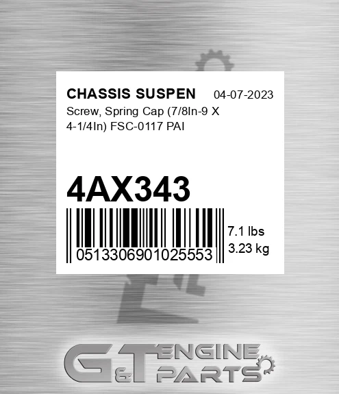 4AX343 Screw, Spring Cap 7/8In-9 X 4-1/4In FSC-0117 PAI