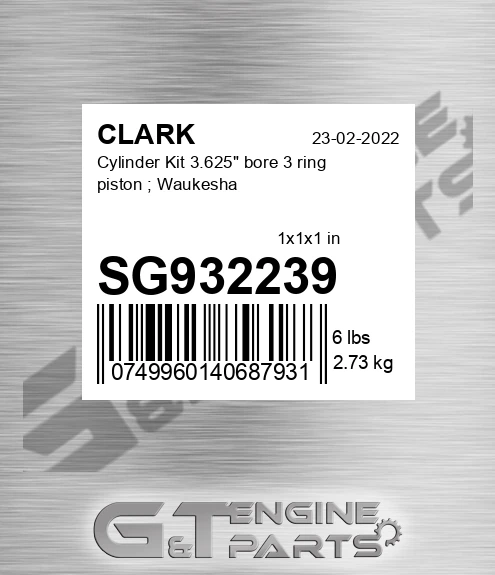 SG932239 Cylinder Kit 3.625" bore 3 ring piston ; Waukesha