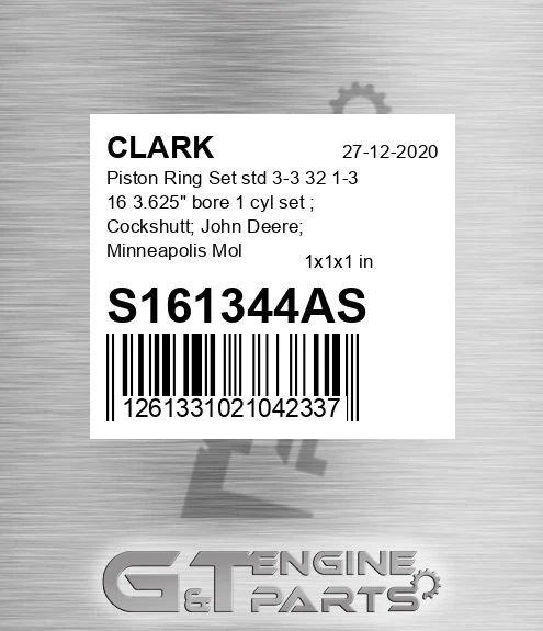 S161344AS Piston Ring Set std 3-3 32 1-3 16 3.625" bore 1 cyl set ; Cockshutt; John Deere; Minneapolis Moline; Oliver; White; Waukesha