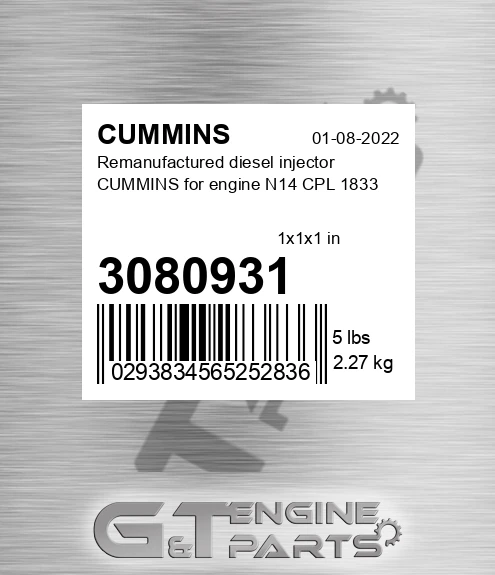 3080931 Remanufactured diesel injector CUMMINS for engine N14 CPL 1833