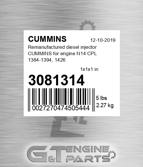 3081314 Remanufactured diesel injector CUMMINS for engine N14 CPL 1384-1394, 1426