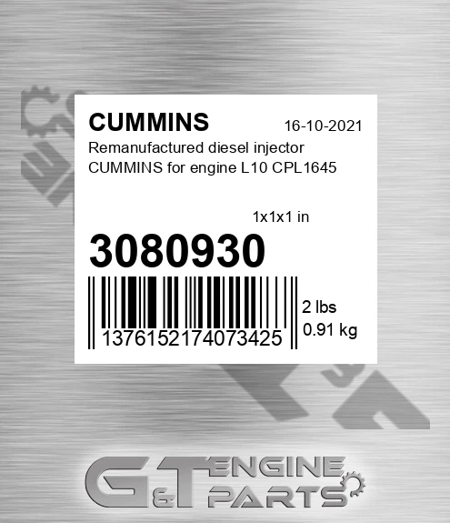 3080930 Remanufactured diesel injector CUMMINS for engine L10 CPL1645