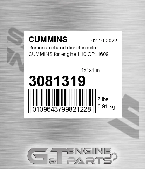 3081319 Remanufactured diesel injector CUMMINS for engine L10 CPL1609