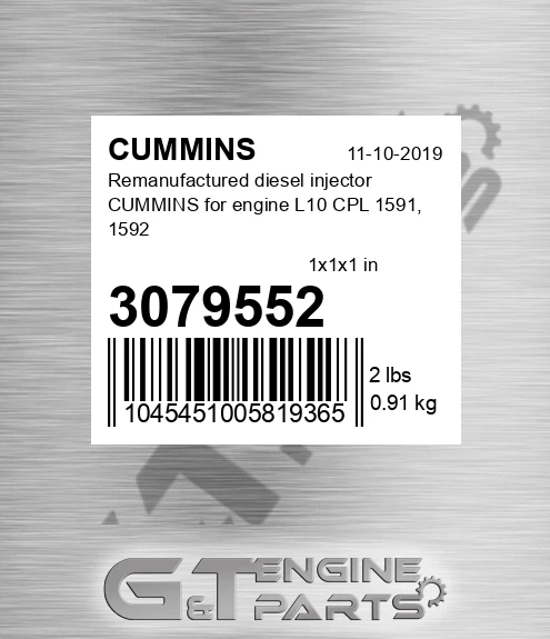 3079552 Remanufactured diesel injector CUMMINS for engine L10 CPL 1591, 1592