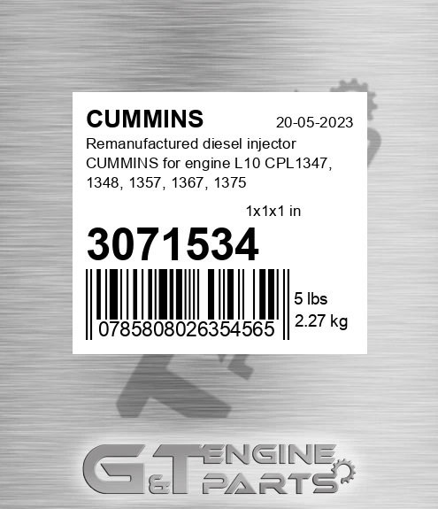 3071534 Remanufactured diesel injector CUMMINS for engine L10 CPL1347, 1348, 1357, 1367, 1375