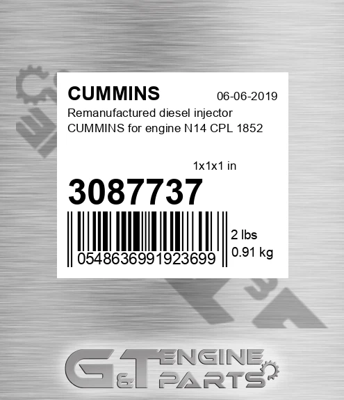 3087737 Remanufactured diesel injector CUMMINS for engine N14 CPL 1852