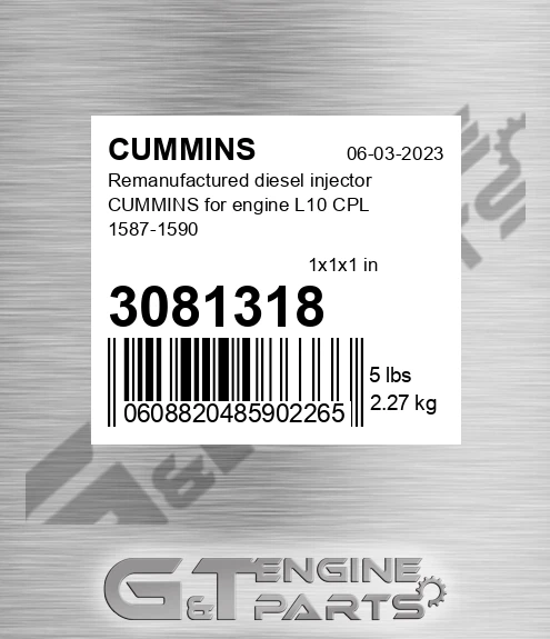 3081318 Remanufactured diesel injector CUMMINS for engine L10 CPL 1587-1590