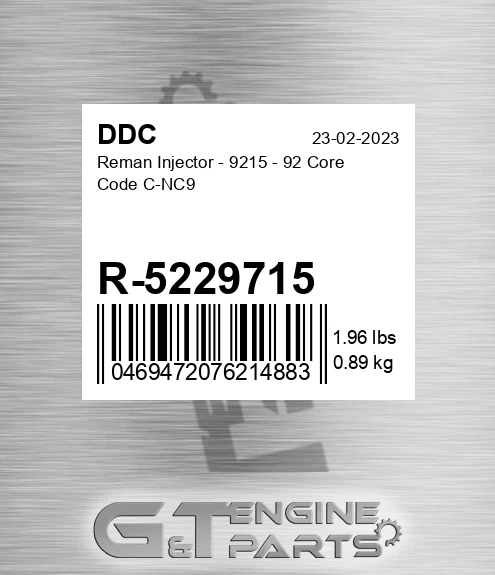 R-5229715 Reman Injector - 9215 - 92 Core Code C-NC9