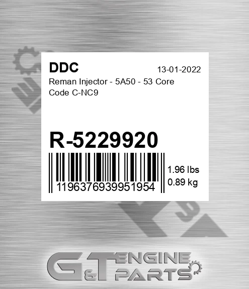 R-5229920 Reman Injector - 5A50 - 53 Core Code C-NC9