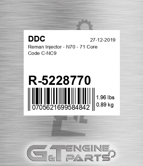 R-5228770 Reman Injector - N70 - 71 Core Code C-NC9