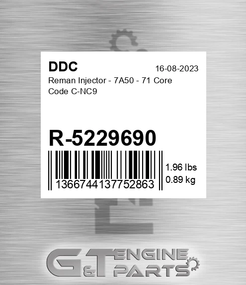 R-5229690 Reman Injector - 7A50 - 71 Core Code C-NC9