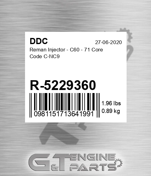 R-5229360 Reman Injector - C60 - 71 Core Code C-NC9