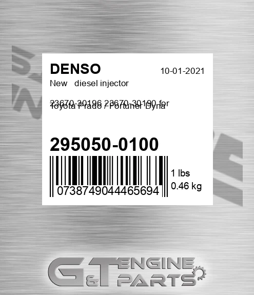 295050-0100 New diesel injector 23670-30196 23670-30190 for Toyota Prado / Fortuner Dyna