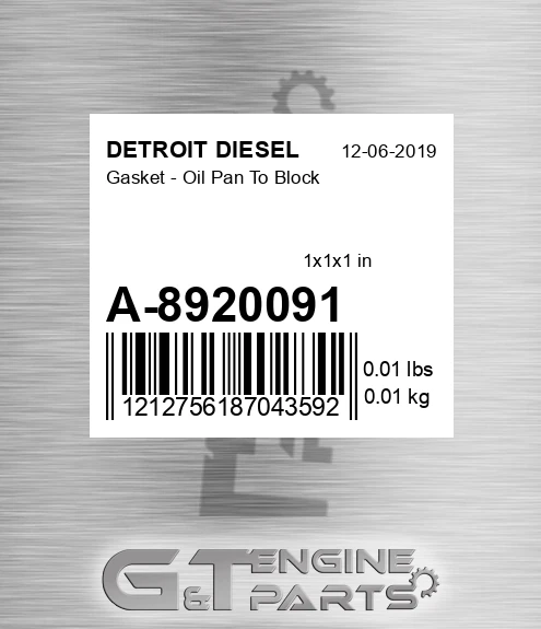 A-8920091 Gasket - Oil Pan To Block