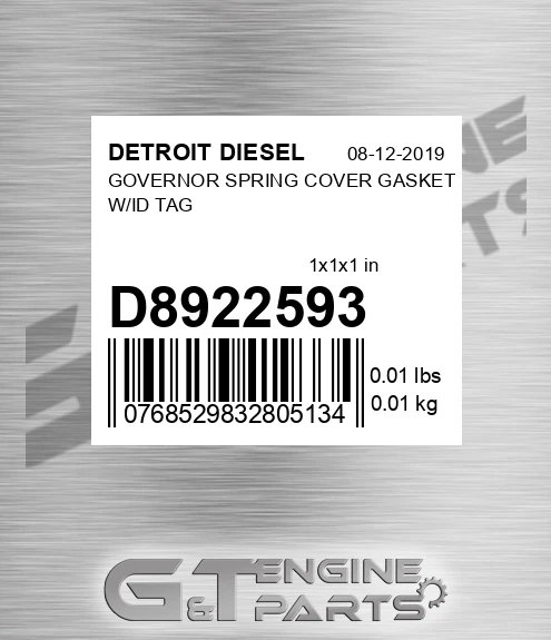 D8922593 GOVERNOR SPRING COVER GASKET W/ID TAG