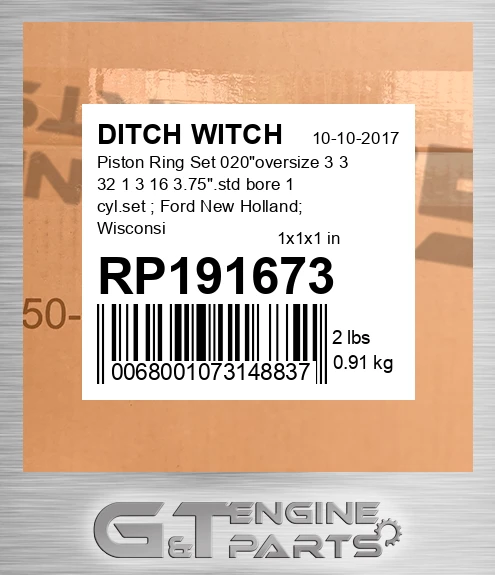 RP191673 Piston Ring Set 020"oversize 3 3 32 1 3 16 3.75".std bore 1 cyl.set ; Ford New Holland; Wisconsin