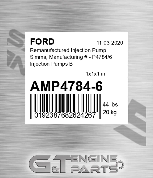 AMP4784-6 Remanufactured Injection Pump Simms, Manufacturing # - P4784/6 Injection Pumps В 