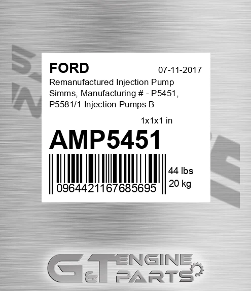 AMP5451 Remanufactured Injection Pump Simms, Manufacturing # - P5451, P5581/1 Injection Pumps В 