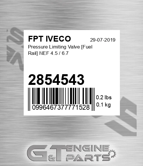 2854543 Pressure Limiting Valve [Fuel Rail] NEF 4.5 / 6.7