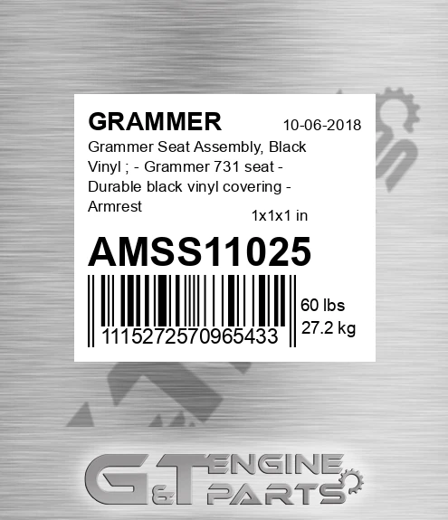 AMSS11025 Grammer Seat Assembly, Black Vinyl ; - Grammer 731 seat - Durable black vinyl covering - Armrests