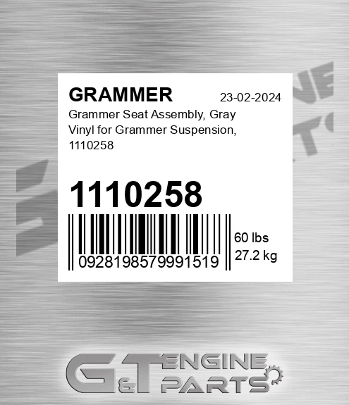 1110258 Grammer Seat Assembly, Gray Vinyl for Grammer Suspension,