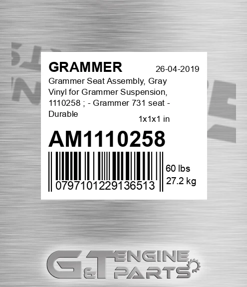 AM1110258 Grammer Seat Assembly, Gray Vinyl for Grammer Suspension, 1110258 ; - Grammer 731 seat - Durable gray vinyl covering - Armrests - Slide rails - Operator presence switch