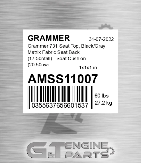 AMSS11007 Grammer 731 Seat Top, Black/Gray Matrix Fabric Seat Back 17.50вtall - Seat Cushion 20.50вwide x 4.50вthick Operator Presence Switch