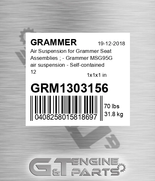 GRM1303156 Air Suspension for Grammer Seat Assemblies ; - Grammer MSG95G air suspension - Self-contained 12-volt compressor - Frame width of 11.75" - Front controls - Fore/aft isolator - Air suspension with suspension travel of 4.00"