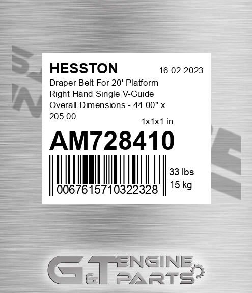 AM728410 Draper Belt For 20' Platform Right Hand Single V-Guide Overall Dimensions - 44.00" x 205.00