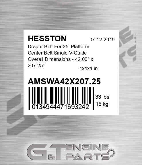 AMSWA42X207.25 Draper Belt For 25' Platform Center Belt Single V-Guide Overall Dimensions - 42.00" x 207.25"