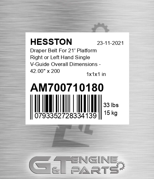 AM700710180 Draper Belt For 21' Platform Right or Left Hand Single V-Guide Overall Dimensions - 42.00" x 200.00"