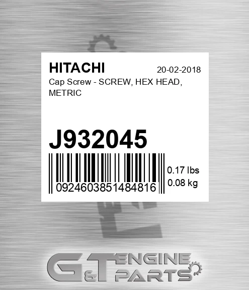 J932045 Cap Screw - SCREW, HEX HEAD, METRIC
