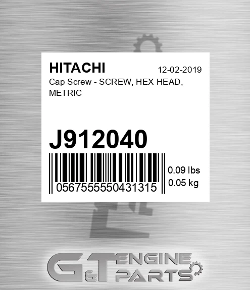 J912040 Cap Screw - SCREW, HEX HEAD, METRIC