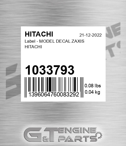 1033793 Label - MODEL DECAL ZAXIS HITACHI