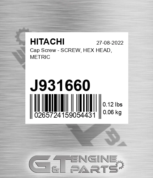 J931660 Cap Screw - SCREW, HEX HEAD, METRIC