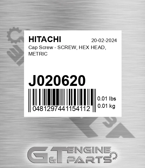 J020620 Cap Screw - SCREW, HEX HEAD, METRIC