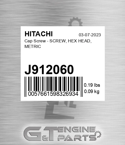 J912060 Cap Screw - SCREW, HEX HEAD, METRIC
