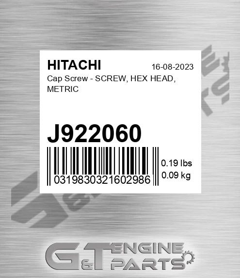J922060 Cap Screw - SCREW, HEX HEAD, METRIC