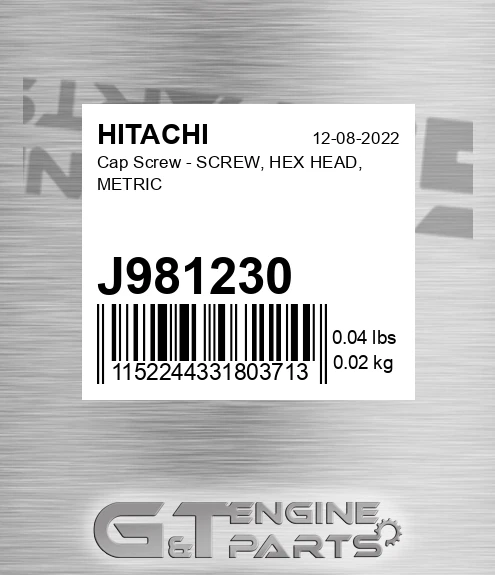 J981230 Cap Screw - SCREW, HEX HEAD, METRIC