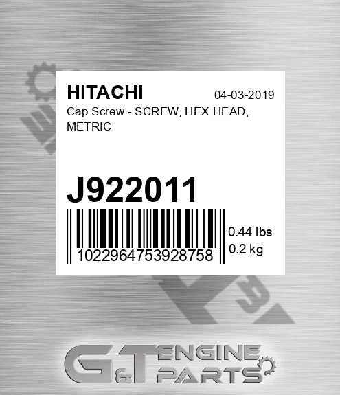 J922011 Cap Screw - SCREW, HEX HEAD, METRIC