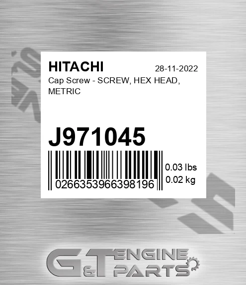 J971045 Cap Screw - SCREW, HEX HEAD, METRIC