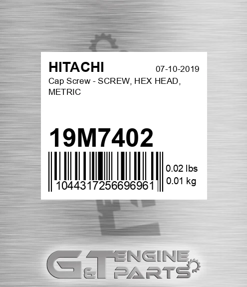 19M7402 Cap Screw - SCREW, HEX HEAD, METRIC