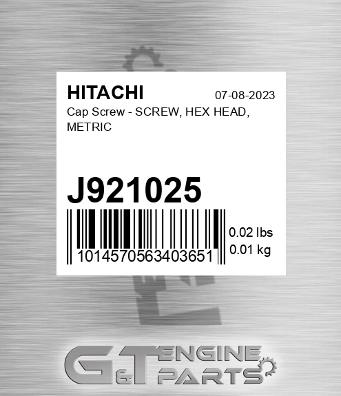 J921025 Cap Screw - SCREW, HEX HEAD, METRIC