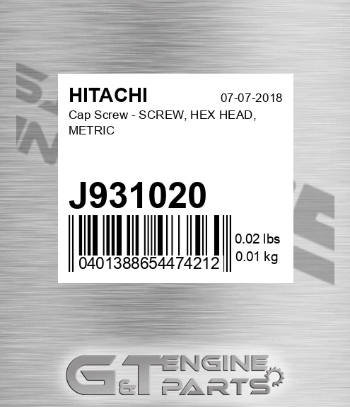 J931020 Cap Screw - SCREW, HEX HEAD, METRIC