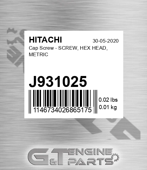 J931025 Cap Screw - SCREW, HEX HEAD, METRIC